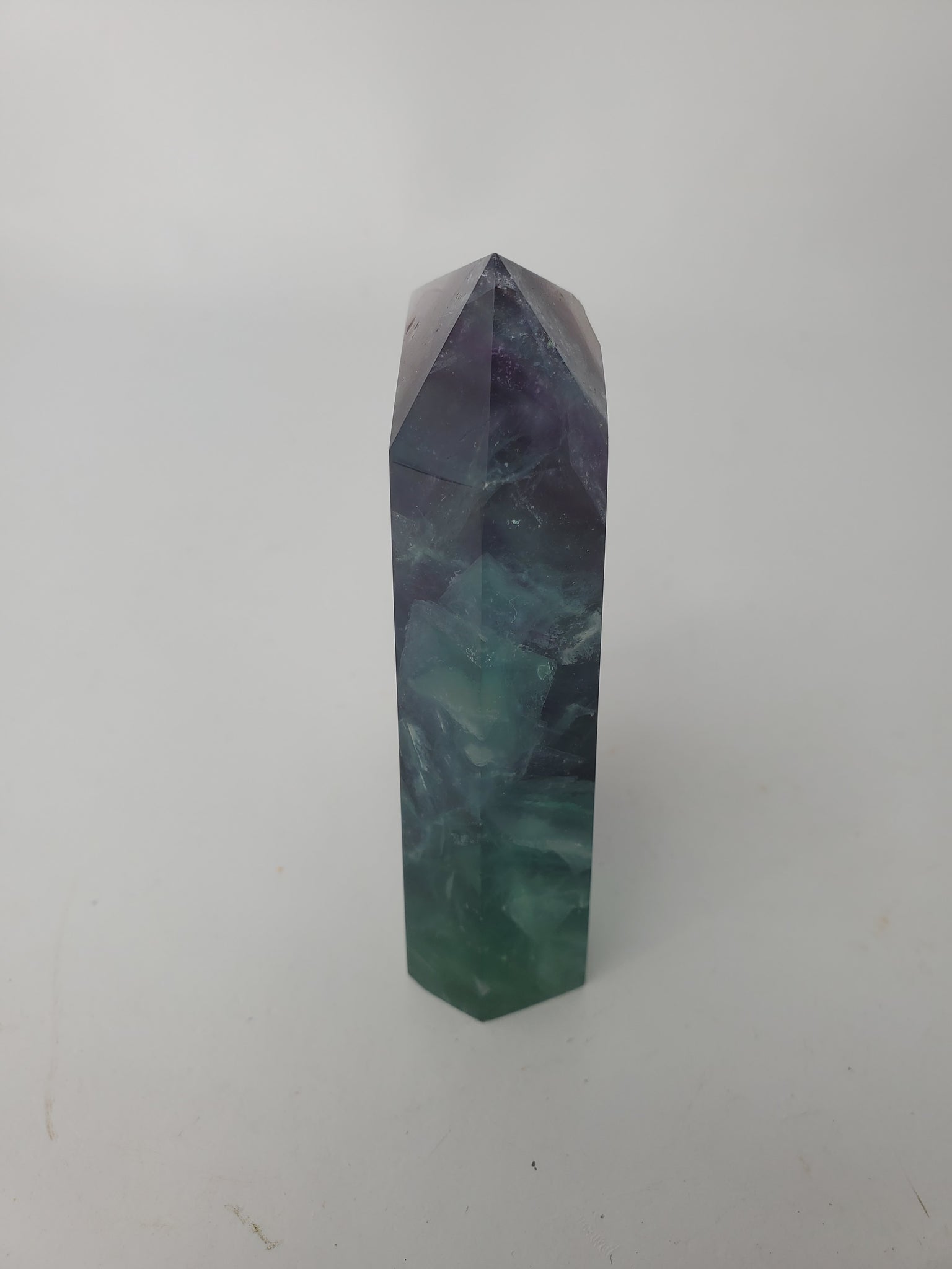 Rainbow fluorite tower w/quartz druzy