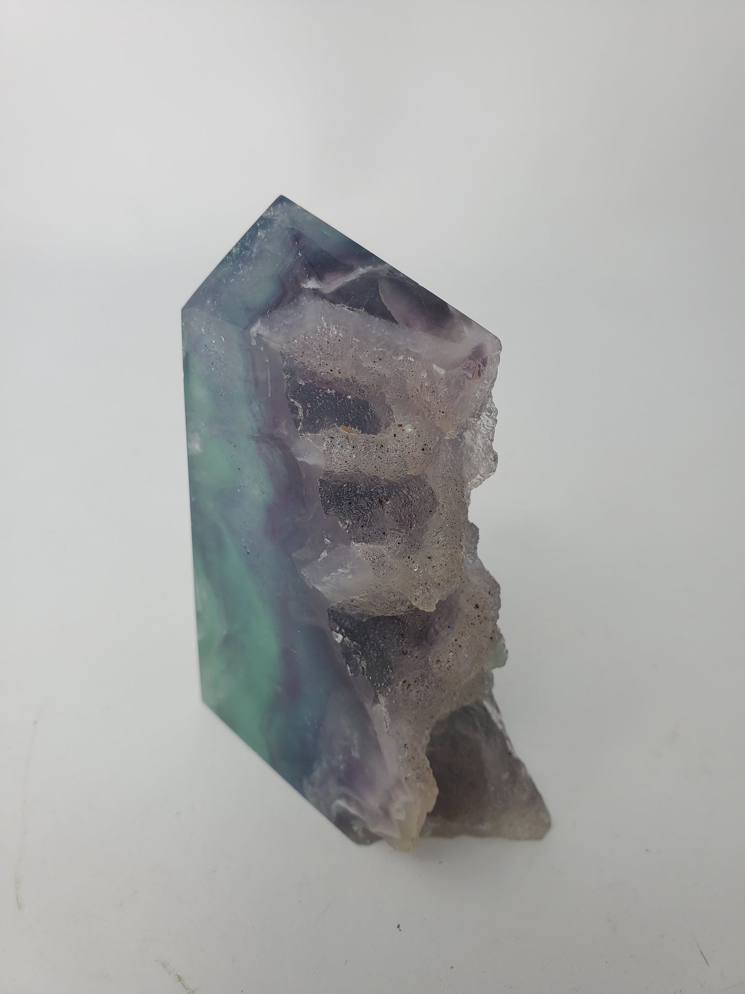 Rainbow fluorite tower w/quartz druzy