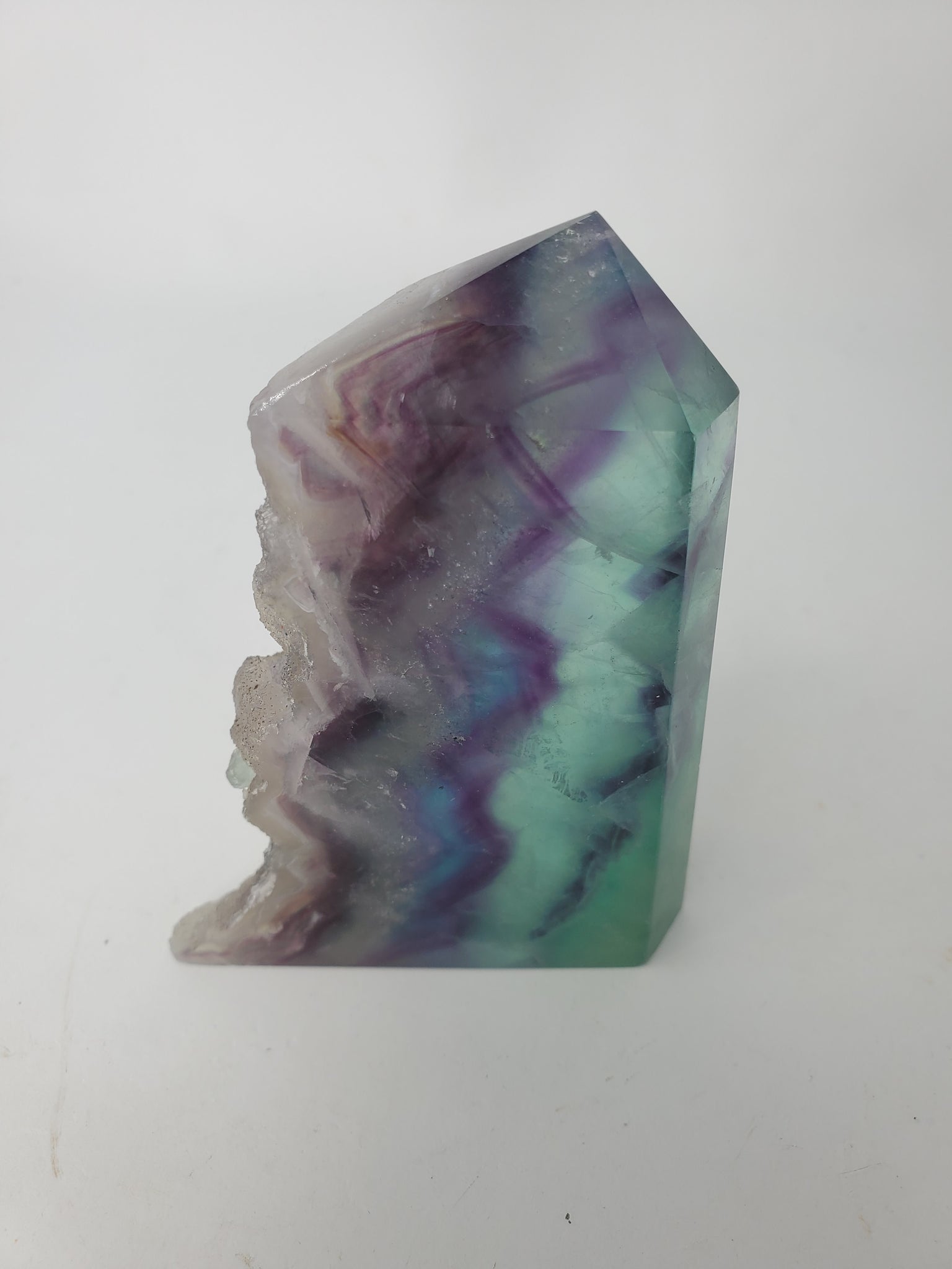 Rainbow fluorite tower w/quartz druzy